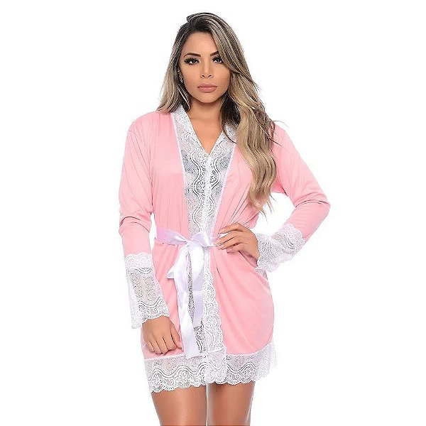 Robe Manga Longa Com Detalhes Rendados Hot Love - Rosa
