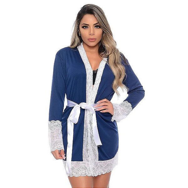 Robe Manga Longa Com Detalhes Rendados Hot Love - Azul