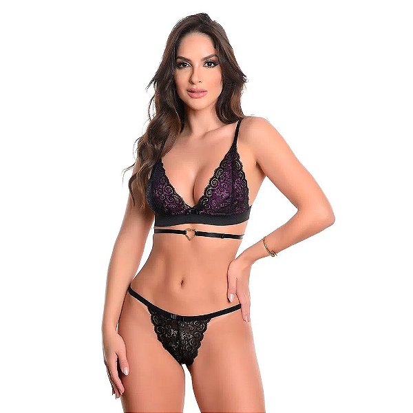 Conjunto Rendado Neon Sem Bojo Com Tira E Coração Hot Love