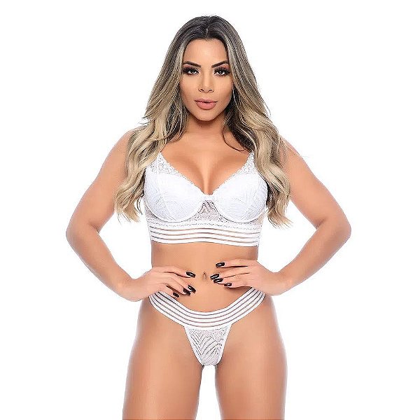 Conjunto Mayara Com Bojo E Faixa Tiras Em Renda Floral Patitex - Branco