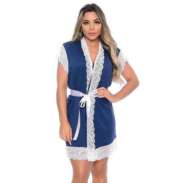 Robe Manga Curta Com Renda Hot Love - Azul