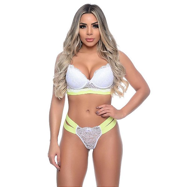 Conjunto Bojo Anitta Neon Com Renda Patitex - Branco Com Amarelo Neon