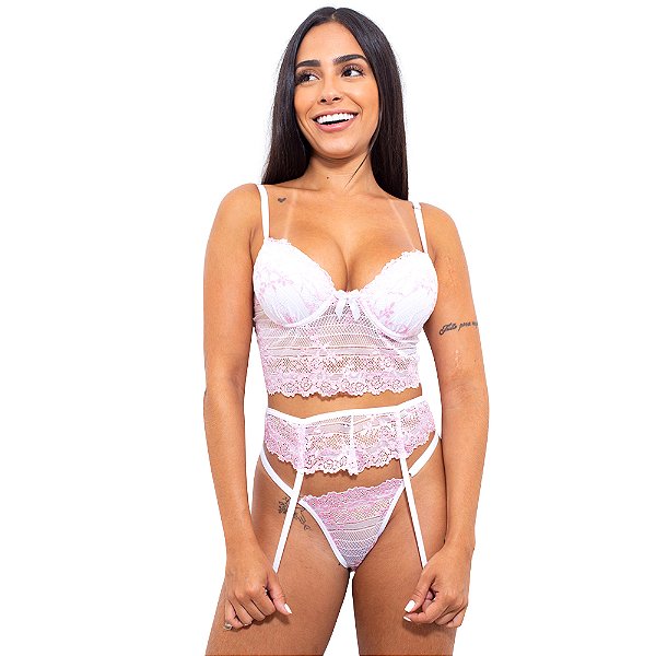 Conjunto Bicolor Bojo E Fio Rendado Com Cinta Liga Hot Love - Branco Com Rosa