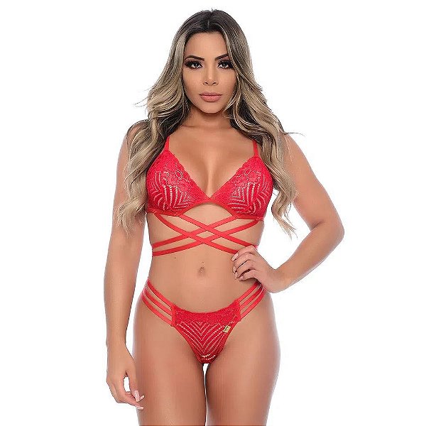 Conjunto Luara Fio Strappy Rendado Sem Bojo Patitex - Vermelho