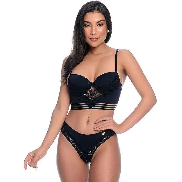 Conjunto 1/2 Taça Streppy Calcinha Detalhes Em Renda Patitex - Preto