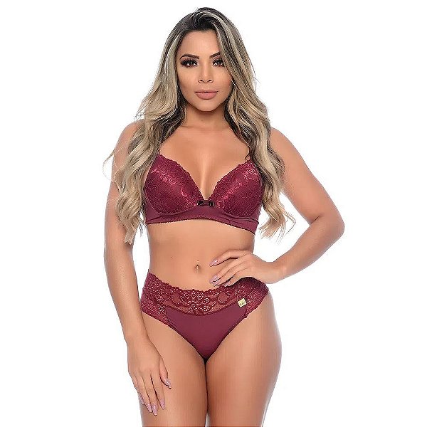 Conjunto Velna Em Microfibra Com Detalhes Rendados E Lacinho Patitex - Vinho