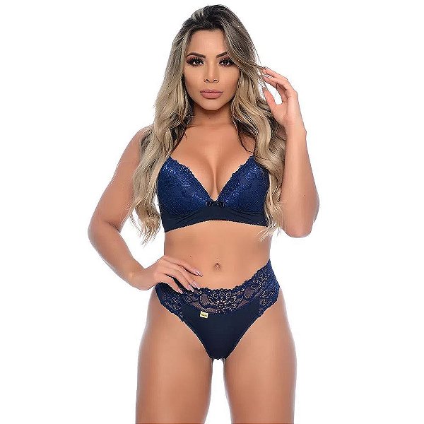 Conjunto Velna Em Microfibra Com Detalhes Rendados E Lacinho Patitex - Azul Marinho