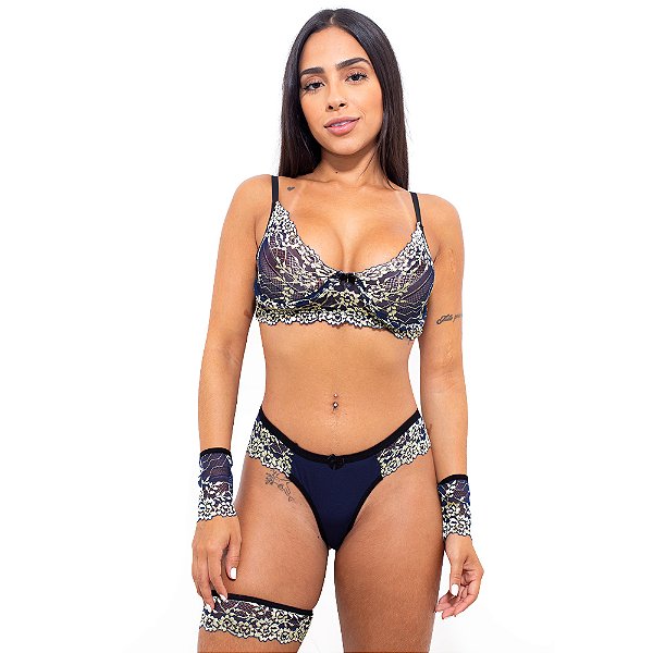 Conjunto Bicolor Com Bracelete E Persex Hot Love - Azul Marinho Com Marfim