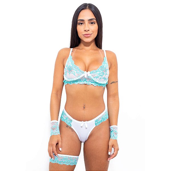 Conjunto Bicolor Com Bracelete E Persex Hot Love - Verde Agua Com Branco