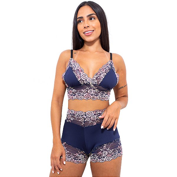 Short Doll Bicolor Rendado Hot Love - Azul Marinho Com Rosa