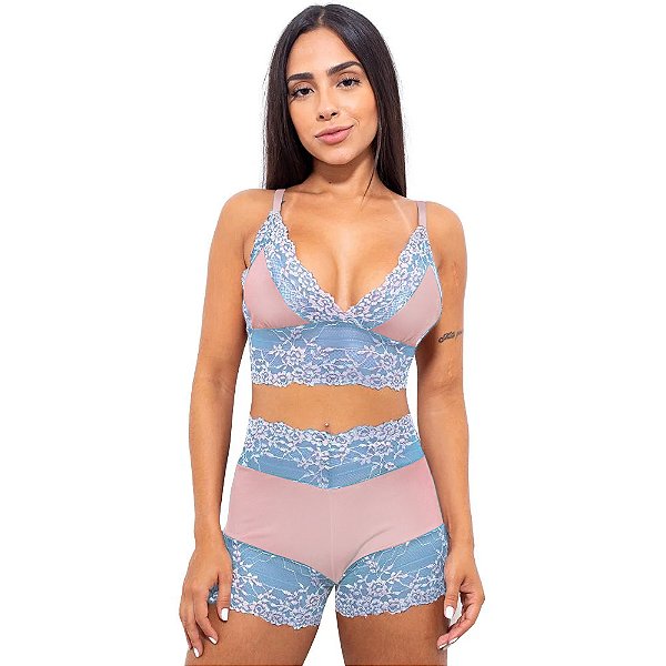 Short Doll Bicolor Rendado Hot Love - Azul Claro Com Rosa