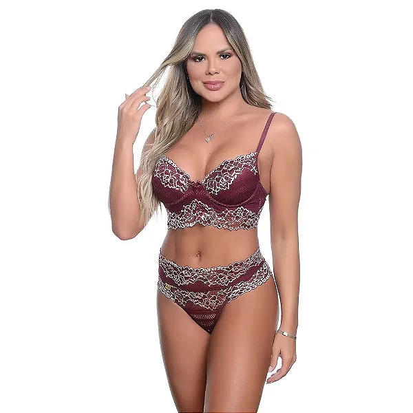Lingerie Sensual Conjunto Dani Bicolor Patitex - Vinho Com Marfim