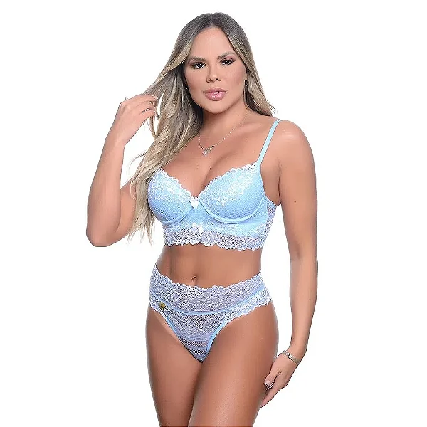 Lingerie Sensual Conjunto Dani Bicolor Patitex - Azul Claro Com Branco