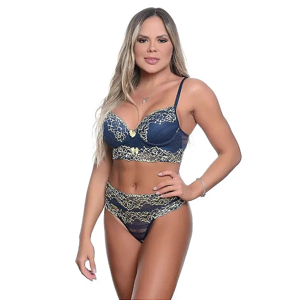 Lingerie Sensual Conjunto Dani Bicolor Patitex - Azul Marinho Com Amarelo
