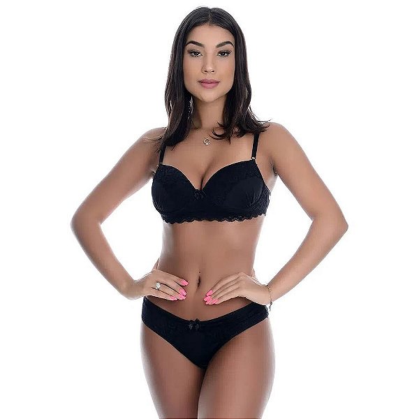 Conjunto Aline Fio Em Microfibra Com Detalhes Em Renda E Lacinho Patitex - Preto