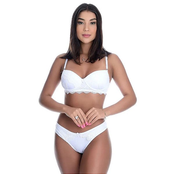 Conjunto Aline Fio Em Microfibra Com Detalhes Em Renda E Lacinho Patitex - Branco