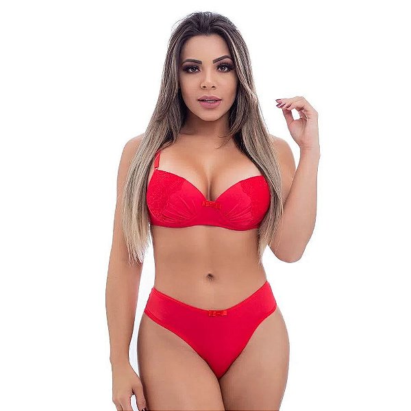 Conjunto Fio Duplo Em Microfibra Com Detalhes Em Renda Patitex - Vermelho