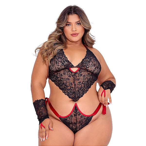 Body Sensual Amor Fiel Plus Moda Apimentada - Preto Com Vermelho