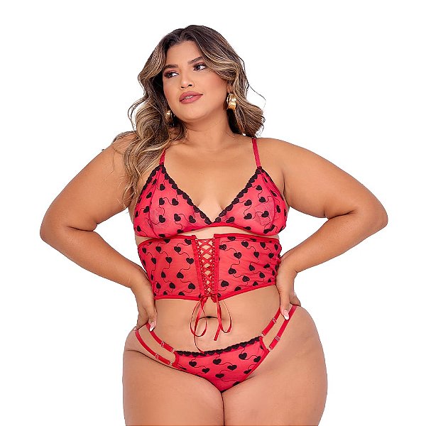 Conjunto Sensual Amor Ardente Plus Moda Apimentada - Vermelho C/ Corações