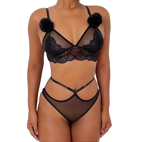 Conjunto Sensual Pompom Moda Apimentada - Preto