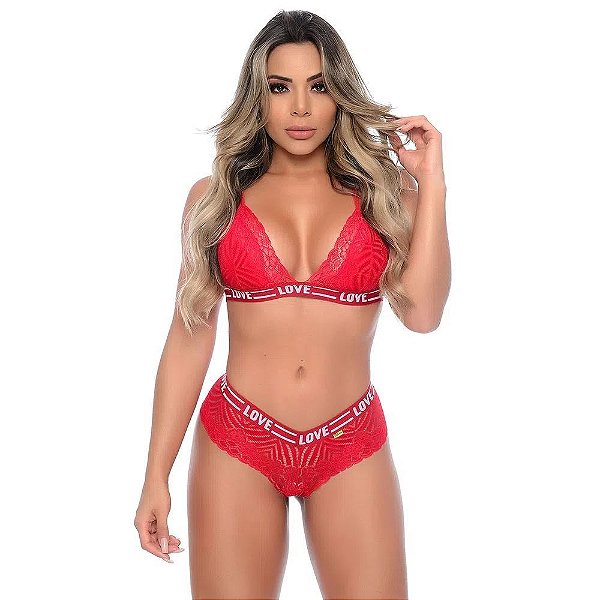 Conjunto Elástico Personalizado Love Rendado Patitex - Vermelho