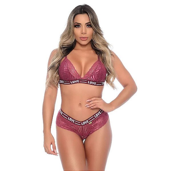 Conjunto Elástico Personalizado Love Rendado Patitex - Vinho