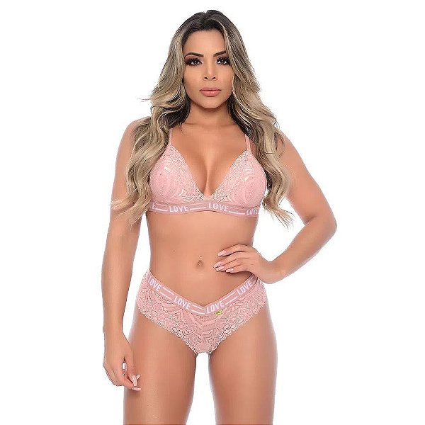 Conjunto Elástico Personalizado Love Rendado Patitex - Rosê