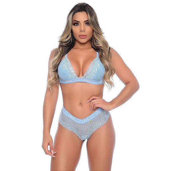 Conjunto Elástico Personalizado Love Rendado Patitex - Azul Claro
