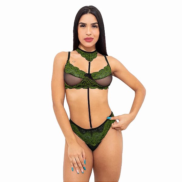 Conjunto Sensual Tule Bicolor Com Gargantilha Hot Love - Preto Com Verde