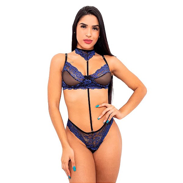 Conjunto Sensual Tule Bicolor Com Gargantilha Hot Love - Preto Com Azul Royal