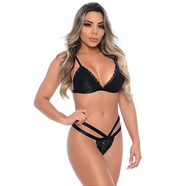 Conjunto Strappy Sem Bojo Em Renda Floral Patitex - Preto