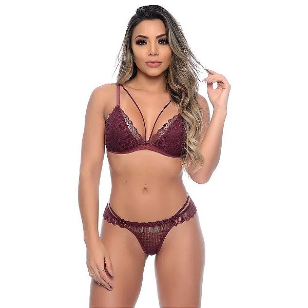 Conjunto Sem Bojo Strappy Delicado Em Renda Patitex - Vinho