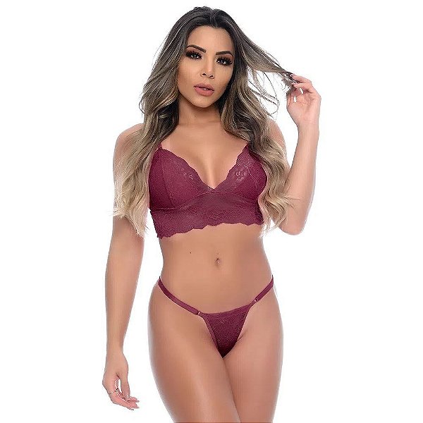 Conjunto Suspiro Sem Bojo Em Renda Patitex - Vinho
