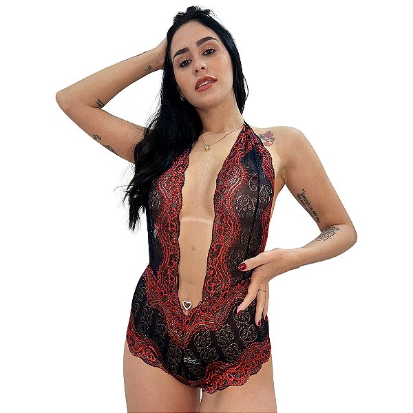 Body Frente Unica Bicolor Com Alça Regulável Hot Love - Preto Com Vermelho