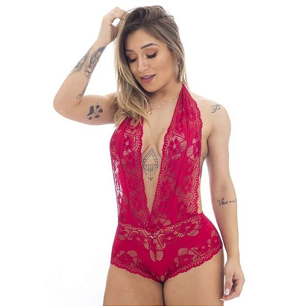 Body Sex Luxo Em Renda Frente única Com Lacinho Patitex - Vermelho