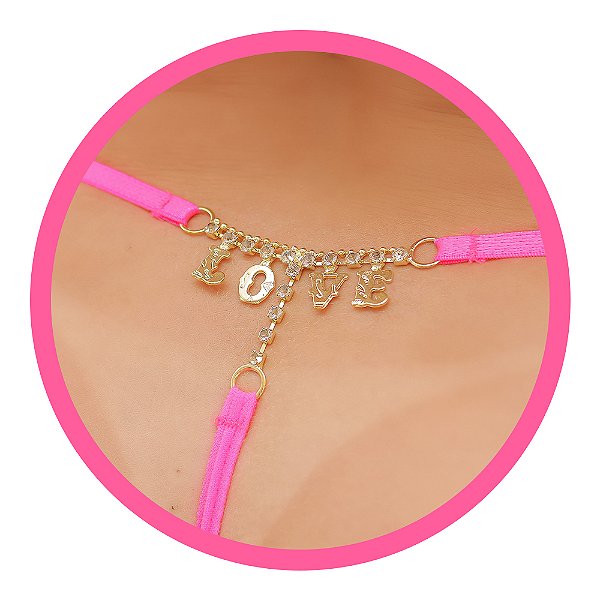 Calcinha Fio Neon Com Strass Love Moda Apimentada - Amarelo Neon