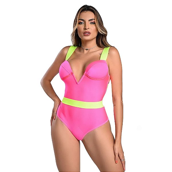 Body Maiô Sereia Com Bojo Moda Apimentada - Rosa Com Neon