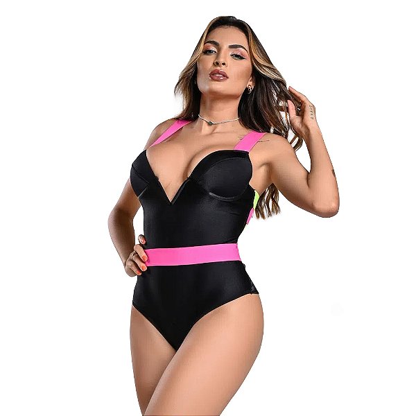 Body Maiô Sereia Com Bojo Moda Apimentada - Preto Com Neon