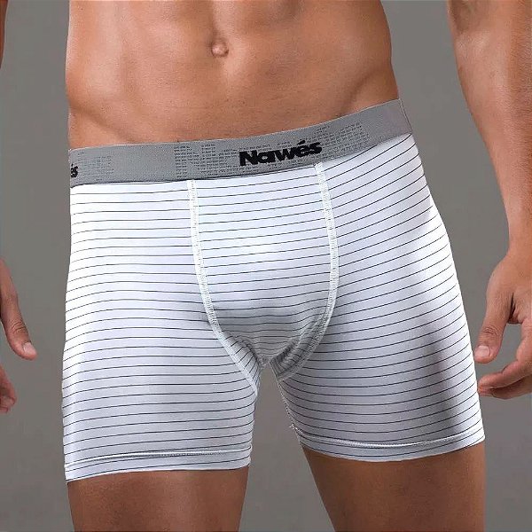 Cueca Boxer Adulto Em Microfibra Listrada Nawes - Branco