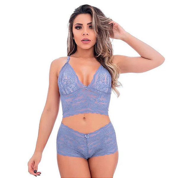 Conjunto Sensual Caleçon Rendado Jô Lingerie - Azul Claro