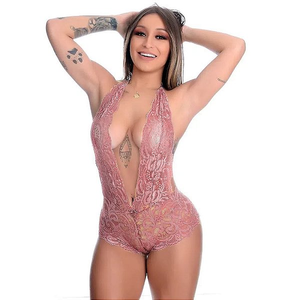Body Sexy Em Renda Frente única Regulável Jô Lingerie - Rosê