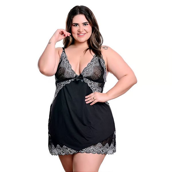 Camisola Plus Size Em Tule E Detalhes Rendados Bicolor Hot Love - Preto Com Prata - 50
