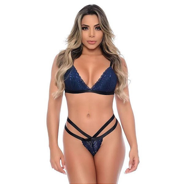 Conjunto Strappy Sem Bojo Em Renda Floral Patitex - Azul Marinho - P