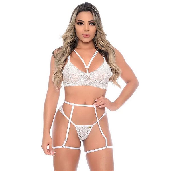 Conjunto Cinta Liga Sem Bojo Strappy Rendado Patitex - Branco - M