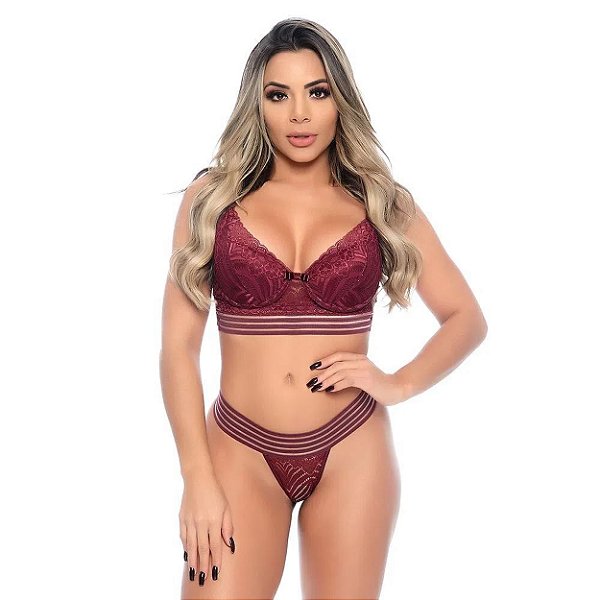 Conjunto Mayara Com Bojo E Faixa Tiras Em Renda Floral Patitex - Vinho - P