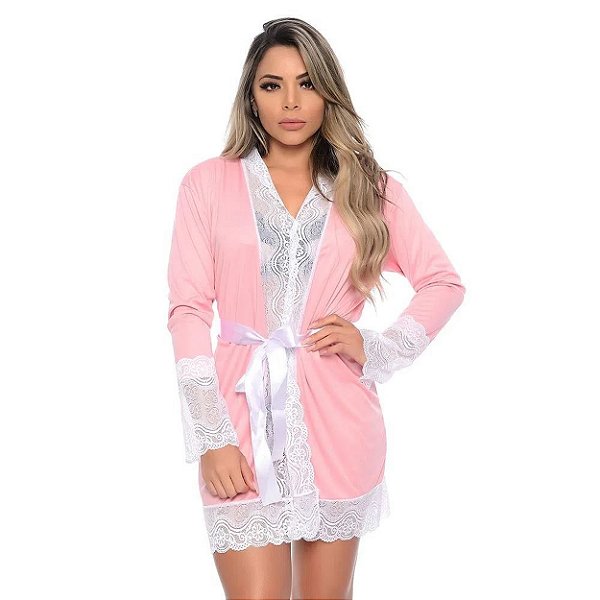 Robe Manga Longa Com Detalhes Rendados Hot Love - Rosa