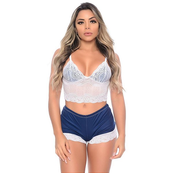 Short Doll Em Malha Com Renda Sexy Hot Love - Azul Marinho Com Branco - P