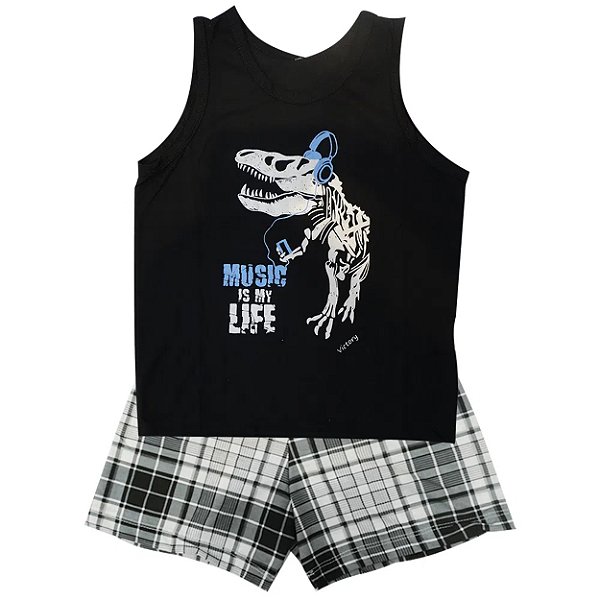 Pijama Regata Infantil Menino Em Meia Malha Victory - Preto - 4