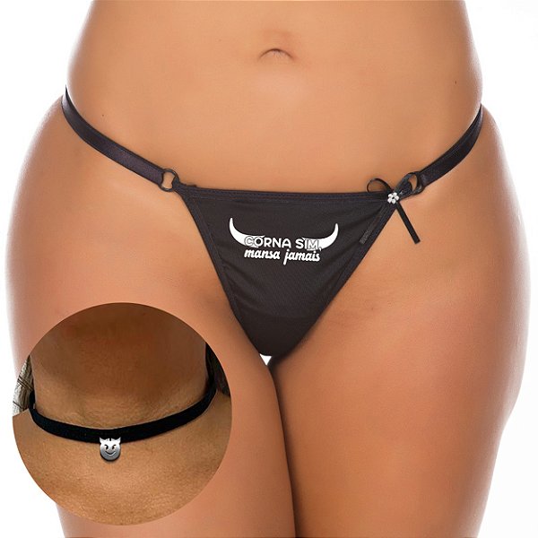 Kit Calcinha C/ Frases Picantes E Chocker Pimenta Sexy - Frase Corna Sim, Mansa Jamais