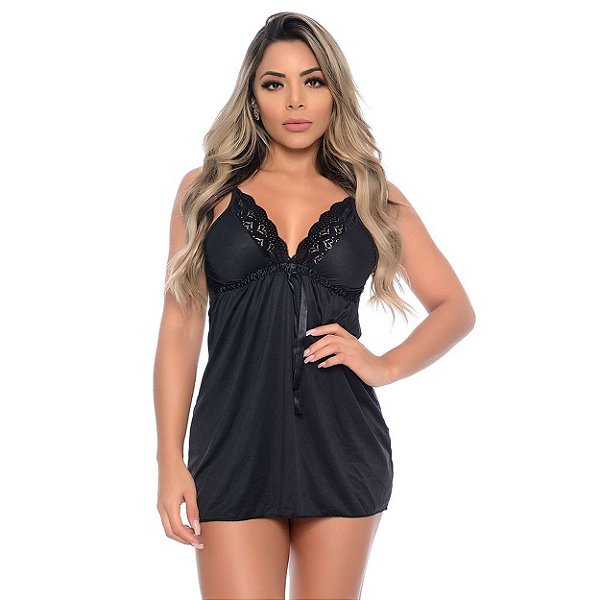 Camisola Curta Com Fita Em Cetim E Renda Hot Love - Preto - M